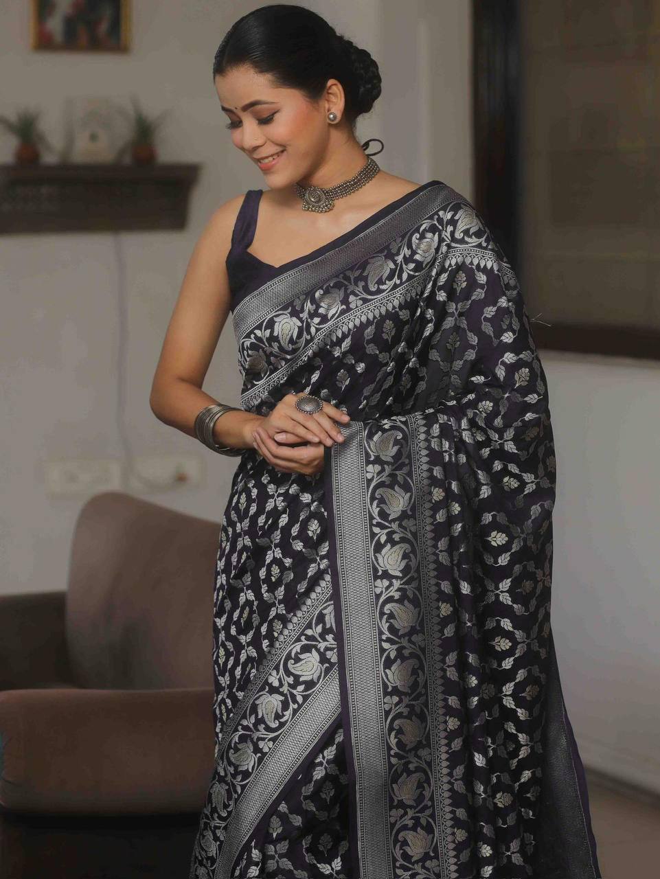 Black Banarasi Silk Saree with Silver Zari Work